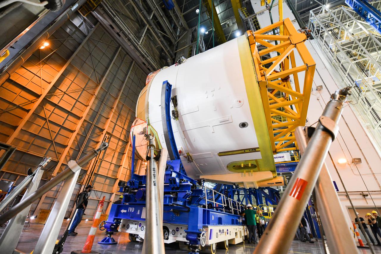 Technicians at NASA’s Michoud Assembly Facility in New Orleans rotated the engine section for NASA’s Space Launch System rocket from a vertical to horizontal position to prepare it for joining to the rest of the rocket’s core stage on Sept. 13. The engine section, which comprises the lowest portion of the 212-foot-tall stage, is the last major component to be horizontally integrated to the core stage. Michoud crews completed assembly on the flight hardware that will be used for Artemis I, the first lunar mission of SLS and NASA’s Orion spacecraft, on Aug. 29. The core stage’s two liquid propellant tanks and four RS-25 engines will produce more than 2 million pounds of thrust to send the SLS rocket and Orion on the Artemis lunar missions. The engine section houses the four RS-25 engines and includes vital systems for mounting, controlling and delivering fuel form the propellant tanks to the rocket’s engines.  Offering more payload mass, volume capability and energy to speed missions through space, the SLS rocket, along with NASA’s Gateway in lunar orbit and Orion, is part of NASA’s backbone for deep space exploration and the Artemis lunar program. No other rocket is capable of carrying astronauts in Orion around the Moon in a single mission.